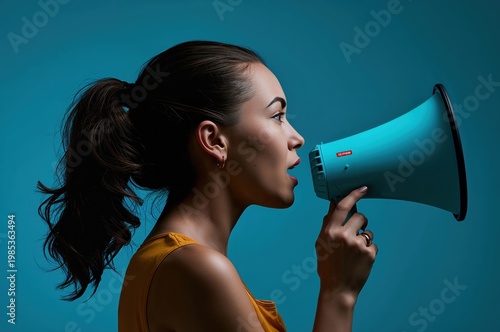 Advertising concept featuring female using megaphone to amplify message against clean background with strong visual impact