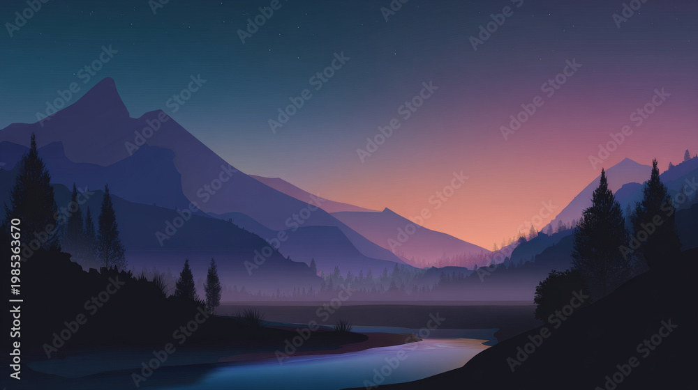 Fototapeta premium Landscape background, evening atmosphere, relaxing time, dark gradient for suitability, vector illustration for advertising design, create brochure.