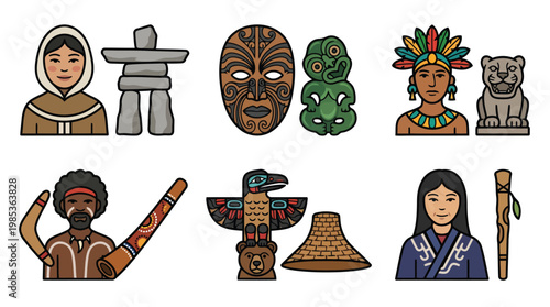 Group Of Cultural Icons And Traditional Figures.