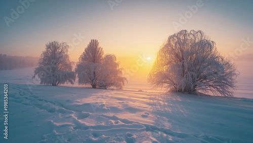 Cold winter morning scene with snow blanketing ground and trees under soft sunrise glow creating quiet natural composition