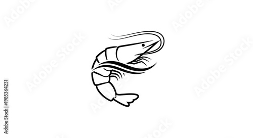 Black and White Shrimp Icon with Flowing Lines