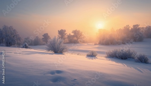 Snowy terrain with frosted vegetation and early morning sunlight producing tranquil winter scenery with delicate light gradients