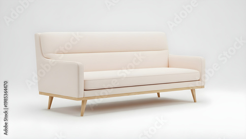 A modern cream-colored sofa with wooden legs is displayed indoors.