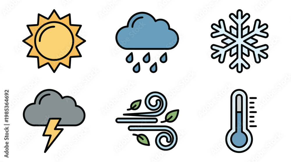 Fototapeta premium Weather Icons Set Showing Sun Cloud Rain Snow Thunder Wind Thermometer.