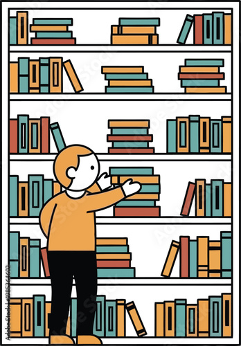 Person choosing book from library shelf, illustration