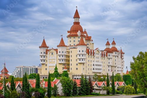 The Bogatyr Hotel building in the form of a castle in Sirius, Krasnodar region of Russia