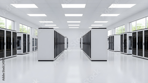 Inside a modern data center with rows of server racks and large windows