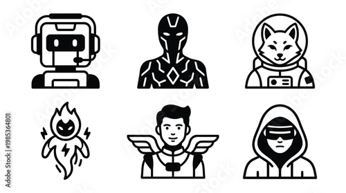 Diverse Character Icons Collection Featuring Robot Ninja Cat Astronaut Alien Winged Hooded Figures.