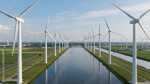Wind turbines stand tall beside a serene canal reflecting blue skies and white clouds on a sunny day in a lush green landscape.