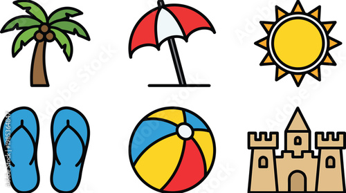 Set of summer beach icons with sandcastle.