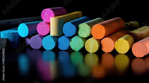 Vibrant Assortment of Colorful Chalk Sticks Arranged in a Row on a Reflective Black Surface Illuminated by Dramatic Lighting Creating a Lively Artistic Display