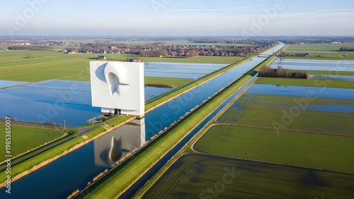 Aerial view of a serene landscape with a billboard standing beside a canal surrounded by green fields and water patches under a clear blue sky with a bird silhouette.