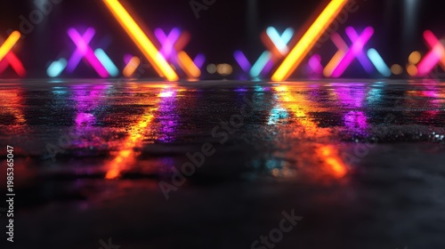 Vibrant Neon Lights Reflecting on Wet Pavement at Night Abstract Urban Ambiance with Colorful Glow and Bokeh in the Background