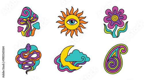 Colorful psychedelic doodle icons collection artwork.