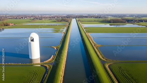 Aerial view of a flooded agricultural landscape with a silo and waterways through green fields