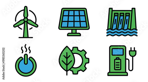 Renewable energy icons set featuring wind solar hydro charging.