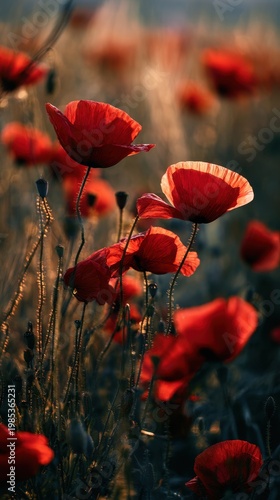 Vibrant Red Poppies in a Sunlit Field at Golden Hour with Dew Drops Sparkling on Petals