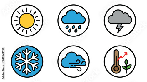 Weather icons collection showing sun rain snow and storms.