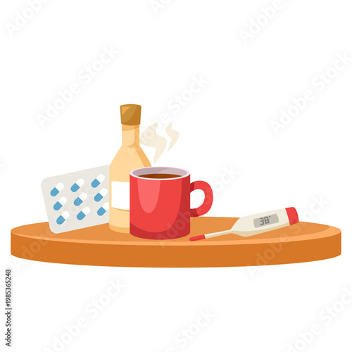 Medicines, hot drink, bottle and thermometer on wooden table, flat on white background, concept of sickness. Vector illustration