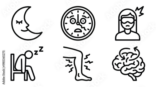 set of hand drawn lineart icons representing sleep and emotions.