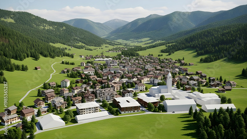 Aerial view of a small town nestled in a valley surrounded by green mountains and trees.