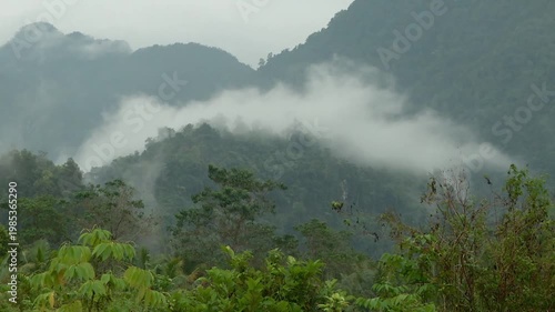 A cinematic drone shot captures thick, white fog flowing gracefully between the lush green foothills of a mountain range in Central Sulawesi
