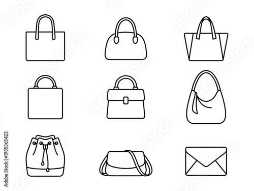 Handbag and purse style icons with accessory envelope shopping designer illustration collection business traveler clothing personal carrying