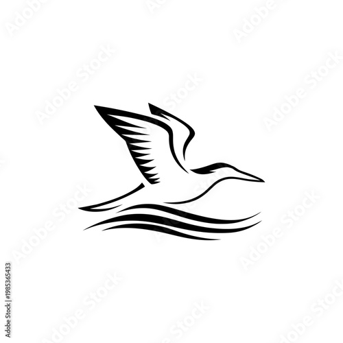 Minimalist seagull flying over waves icon