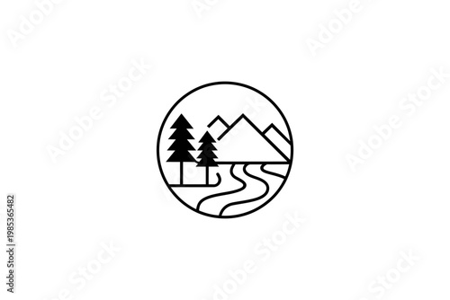 Minimalist circular mountain and forest logo