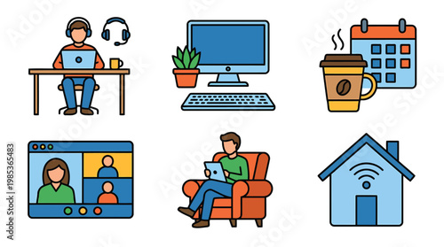 Digital home office and communication icons.