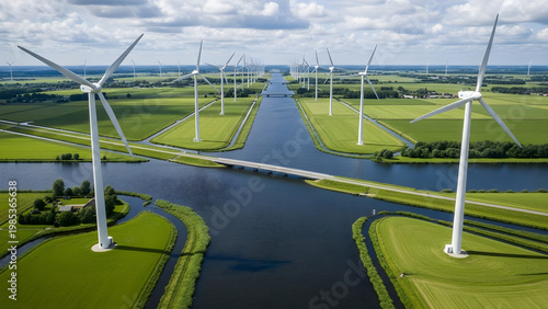 Aerial view of wind turbines standing along a serene river with a bridge connecting lush green landscapes under a cloudy sky