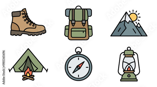 Hiking Gear Set With Boots Backpack Tent Compass Lantern.
