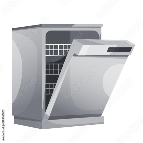 Open dishwasher in grayscale style on white background showing household cleaning concept. Vector illustration