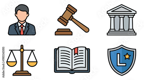 Legal Symbols Set Representing Law Justice And Court.
