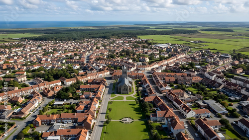 Aerial view of a small town with a large green park in the center surrounded by buildings and streets under a cloudy sky.