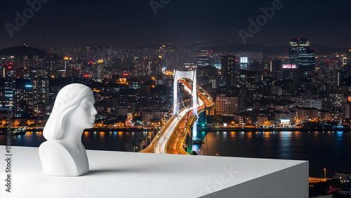 A white bust sculpture sits on a platform overlooking a lit bridge and cityscape at night.