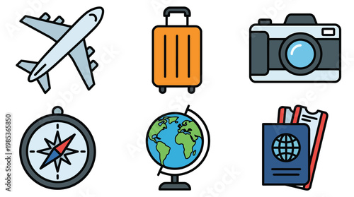 Travel Icons Featuring Airplane Luggage Camera Compass Globe.