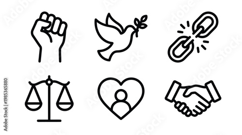 Collection of social justice symbol icons representing peace unity and love.