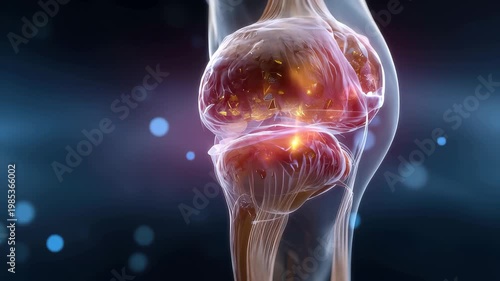 Rendered medical animation shows the medial meniscus of the knee joint during a detailed visual representation of knee anatomy