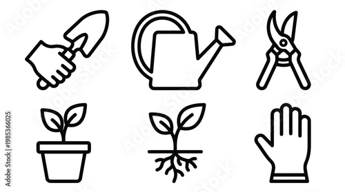 Gardening tools and plant icons collection.