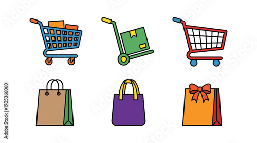 Assorted Shopping Bags and Carts Displaying Variety.