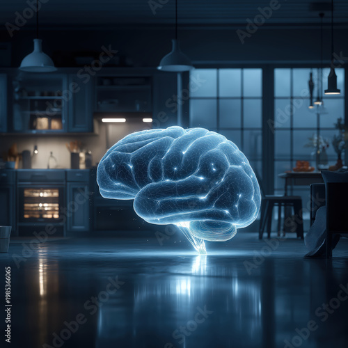 Futuristic brain hologram artificial intelligence smart home digital technology blue light modern kitchen interior Futuristic