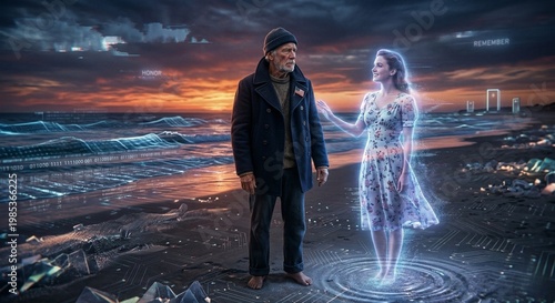 Futuristic Couple on Beach with Holographic Projection
