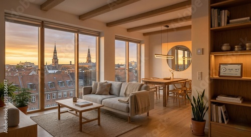 Modern Living Room with Large Windows Overlooking Cityscape at Sunset