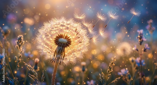 Dandelion Field at Dusk with Sparkling Stars