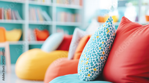 Vibrant, playful seating area with plush bean bags