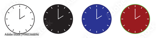 Analog clock icon set with colorful round watch faces for time management and schedule tracking