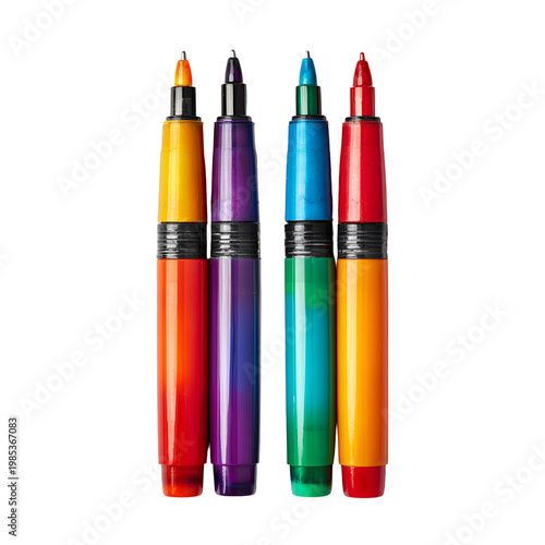 Set of five vibrant multicolor marker pens on white background for design and creativity