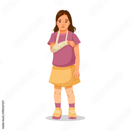 Injured child with arm bandage in simple graphic style on white background, concept of kids injury care. Vector illustration