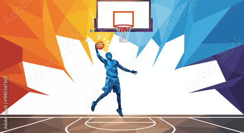 Basketball Player Dunking with Geometric Background